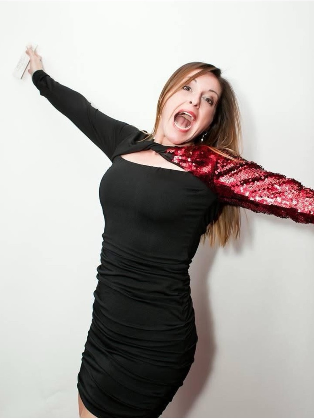 La Cite Designer Black Bodycon Dress with Red Sequin Sleeve